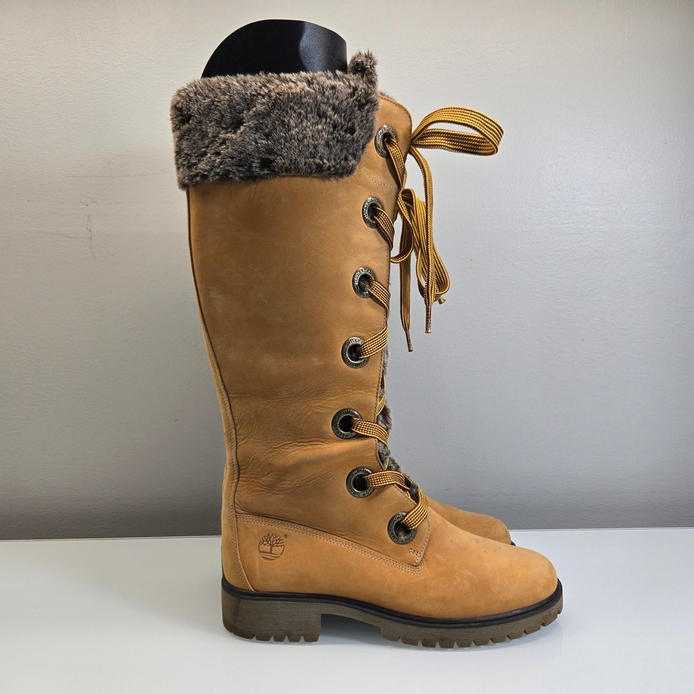 Vintage Y2K Timberland Mirney Boots 8M Wheat Leather Faux Fur Knee High Lace Up